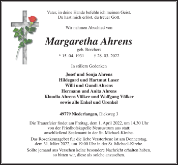 Traueranzeige von Margaretha Ahrens von Neue Osnabrücker Zeitung GmbH & Co. KG