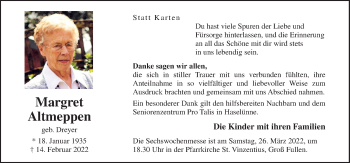 Traueranzeige von Margret Altmeppen von Neue Osnabrücker Zeitung GmbH & Co. KG