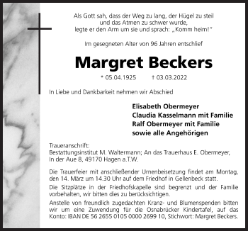 Traueranzeige von Margret Beckers von Neue Osnabrücker Zeitung GmbH & Co. KG