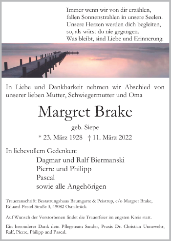 Traueranzeige von Margret Brake von Neue Osnabrücker Zeitung GmbH & Co. KG