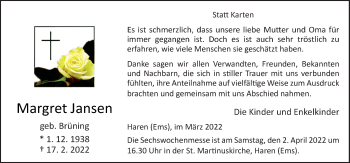 Traueranzeige von Margret Jansen von Neue Osnabrücker Zeitung GmbH & Co. KG