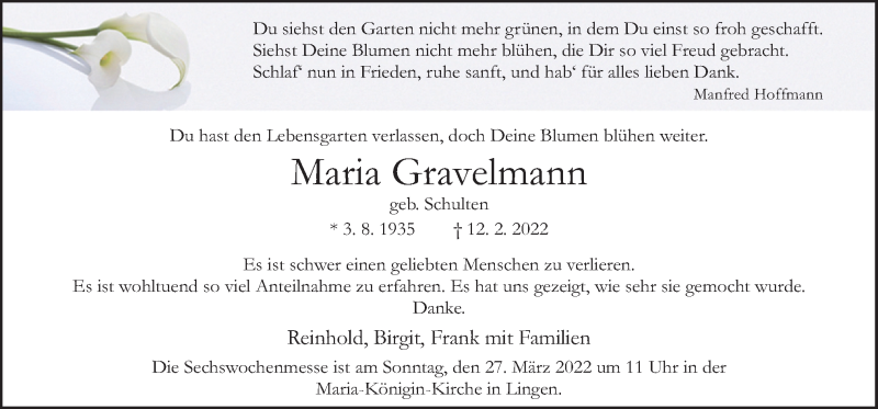  Traueranzeige für Maria Gravelmann vom 23.03.2022 aus Neue Osnabrücker Zeitung GmbH & Co. KG