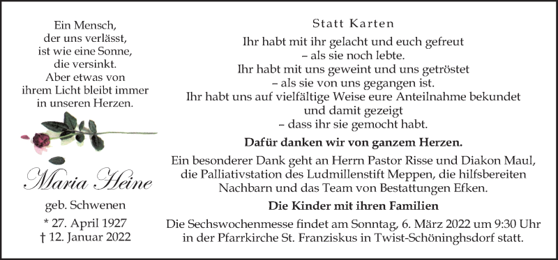  Traueranzeige für Maria Heine vom 02.03.2022 aus Neue Osnabrücker Zeitung GmbH & Co. KG