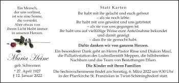 Traueranzeige von Maria Heine von Neue Osnabrücker Zeitung GmbH & Co. KG