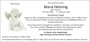 Traueranzeige von Maria Helming von Neue Osnabrücker Zeitung GmbH & Co. KG