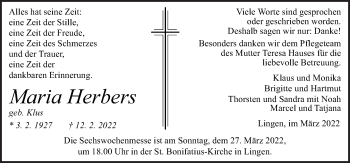 Traueranzeige von Maria Herbers von Neue Osnabrücker Zeitung GmbH & Co. KG