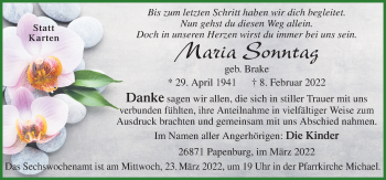 Traueranzeige von Maria Sonntag von Neue Osnabrücker Zeitung GmbH & Co. KG