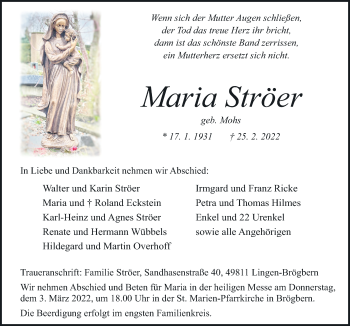 Traueranzeige von Maria Ströer von Neue Osnabrücker Zeitung GmbH & Co. KG