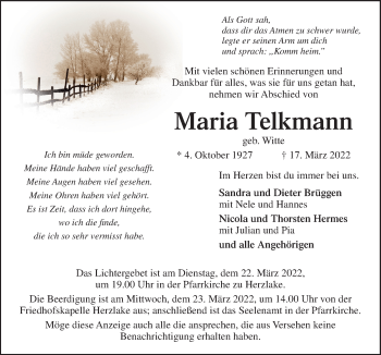 Traueranzeige von Maria Telkmann von Neue Osnabrücker Zeitung GmbH & Co. KG