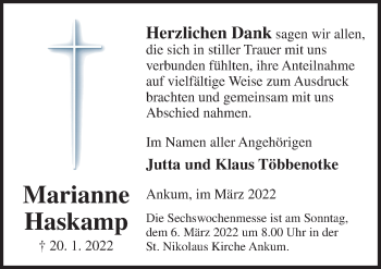 Traueranzeige von Marianne Haskamp von Neue Osnabrücker Zeitung GmbH & Co. KG