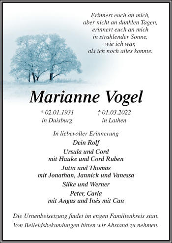 Traueranzeige von Marianne Vogel von Neue Osnabrücker Zeitung GmbH & Co. KG