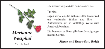 Traueranzeige von Marianne Westphal von Neue Osnabrücker Zeitung GmbH & Co. KG