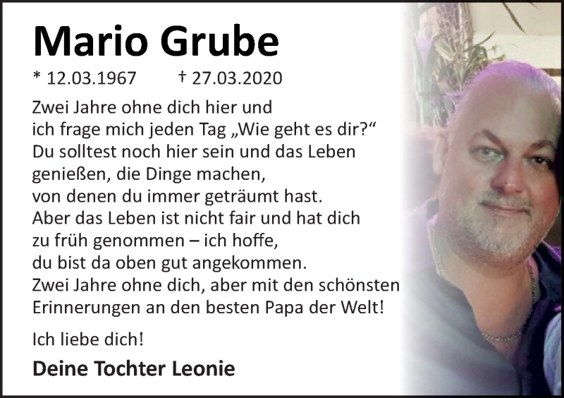  Traueranzeige für Mario Grube vom 26.03.2022 aus Neue Osnabrücker Zeitung GmbH & Co. KG