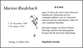 Traueranzeige von Marion Biedebach von Neue Osnabrücker Zeitung GmbH & Co. KG