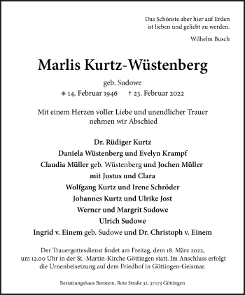 Traueranzeige von Marlis Kurtz-Wüstenberg von Neue Osnabrücker Zeitung GmbH & Co. KG