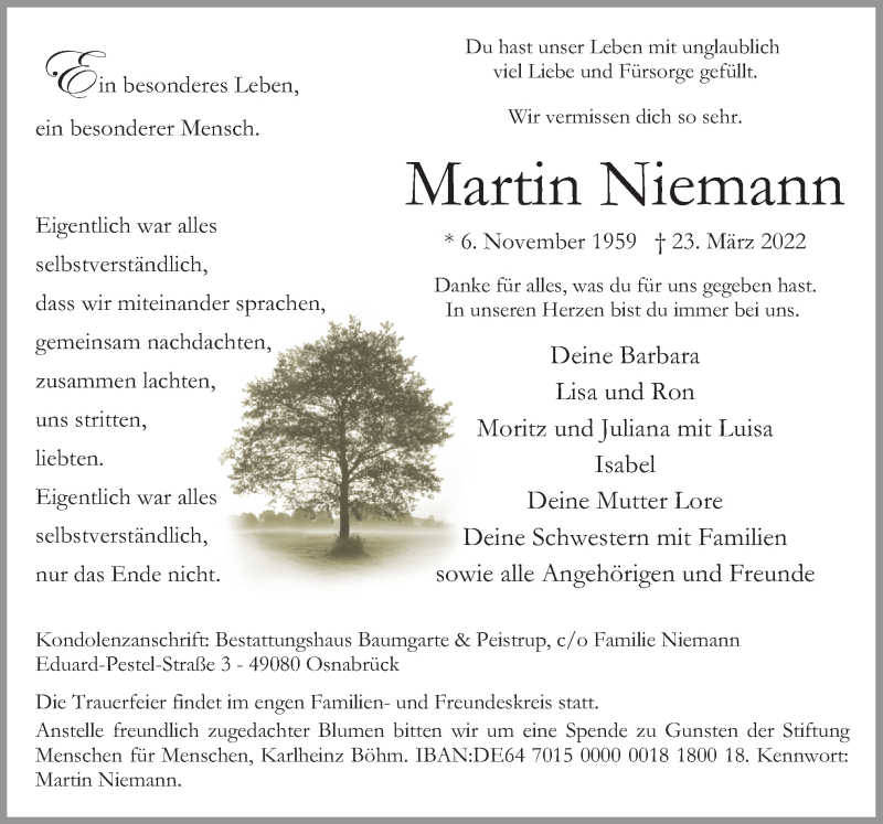  Traueranzeige für Martin Niemann vom 30.03.2022 aus Neue Osnabrücker Zeitung GmbH & Co. KG