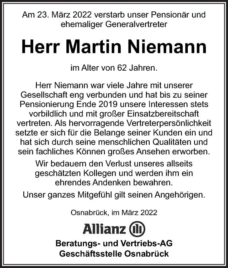  Traueranzeige für Martin Niemann vom 30.03.2022 aus Neue Osnabrücker Zeitung GmbH & Co. KG