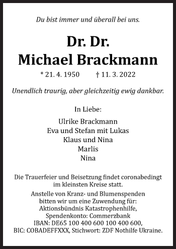 Traueranzeige von Michael Brackmann von Neue Osnabrücker Zeitung GmbH & Co. KG