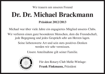 Traueranzeige von Michael Brackmann von Neue Osnabrücker Zeitung GmbH & Co. KG