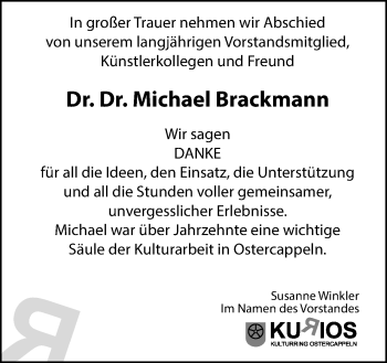 Traueranzeige von Michael Brackmann von Neue Osnabrücker Zeitung GmbH & Co. KG