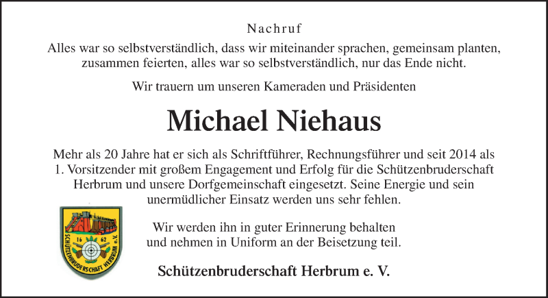  Traueranzeige für Michael Niehaus vom 04.03.2022 aus Neue Osnabrücker Zeitung GmbH & Co. KG