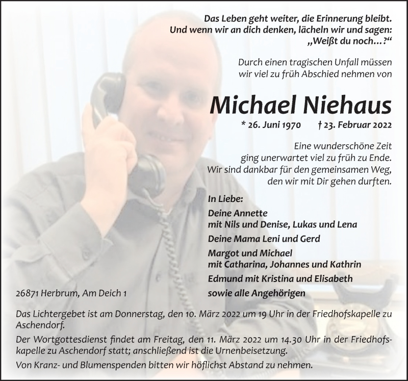  Traueranzeige für Michael Niehaus vom 02.03.2022 aus Neue Osnabrücker Zeitung GmbH & Co. KG