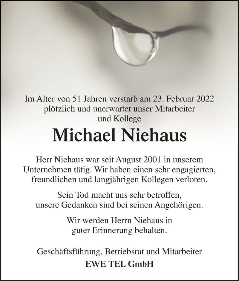  Traueranzeige für Michael Niehaus vom 03.03.2022 aus Neue Osnabrücker Zeitung GmbH & Co. KG