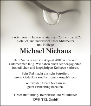 Traueranzeige von Michael Niehaus von Neue Osnabrücker Zeitung GmbH & Co. KG