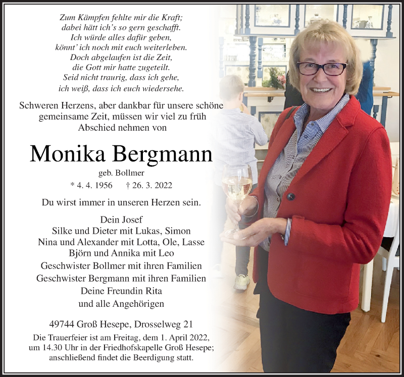  Traueranzeige für Monika Bergmann vom 29.03.2022 aus Neue Osnabrücker Zeitung GmbH & Co. KG