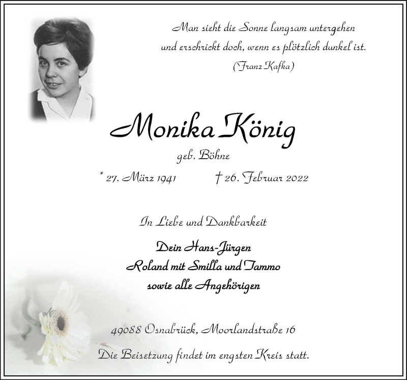  Traueranzeige für Monika König vom 05.03.2022 aus Neue Osnabrücker Zeitung GmbH & Co. KG