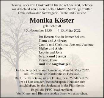 Traueranzeige von Monika Köster von Neue Osnabrücker Zeitung GmbH & Co. KG