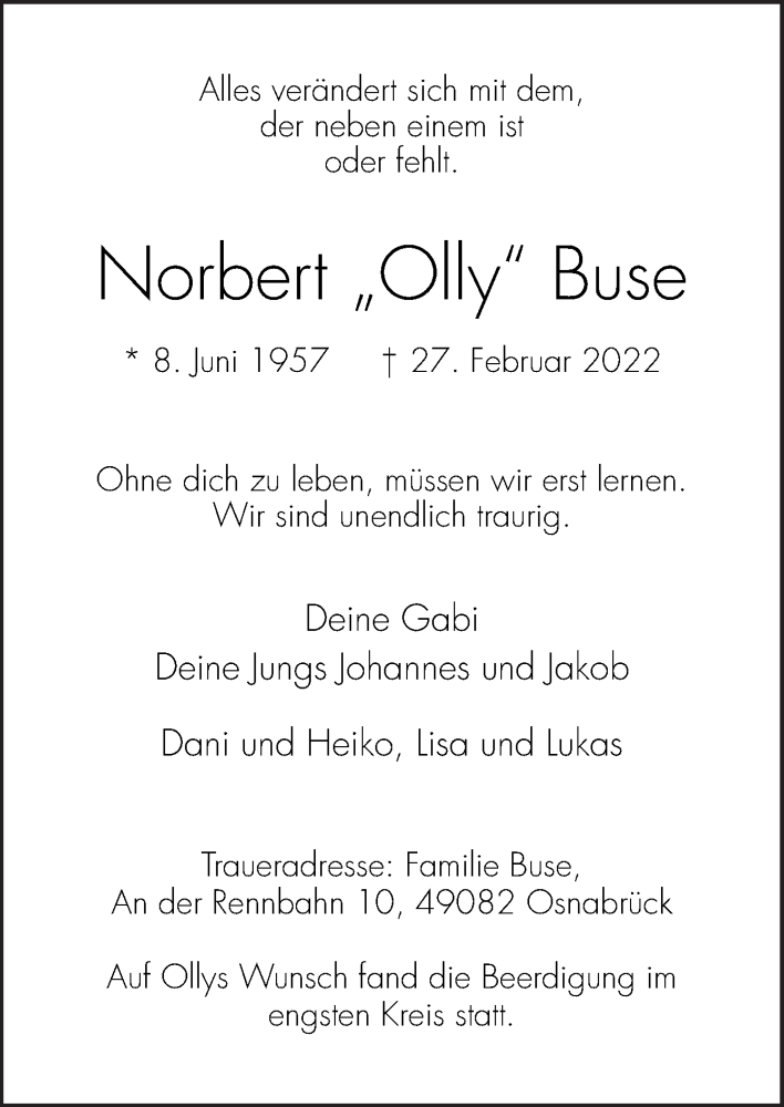  Traueranzeige für Norbert Buse vom 05.03.2022 aus Neue Osnabrücker Zeitung GmbH & Co. KG