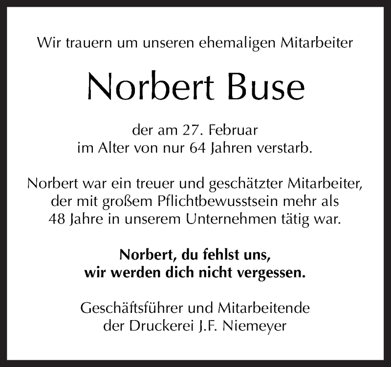  Traueranzeige für Norbert Buse vom 12.03.2022 aus Neue Osnabrücker Zeitung GmbH & Co. KG