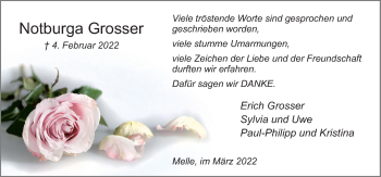 Traueranzeige von Notburga Grosser von Neue Osnabrücker Zeitung GmbH & Co. KG