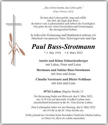 Traueranzeige von Paul Buss-Strotinann von Neue Osnabrücker Zeitung GmbH & Co. KG