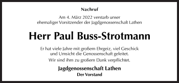 Traueranzeige von Paul Buss-Strotmann von Neue Osnabrücker Zeitung GmbH & Co. KG