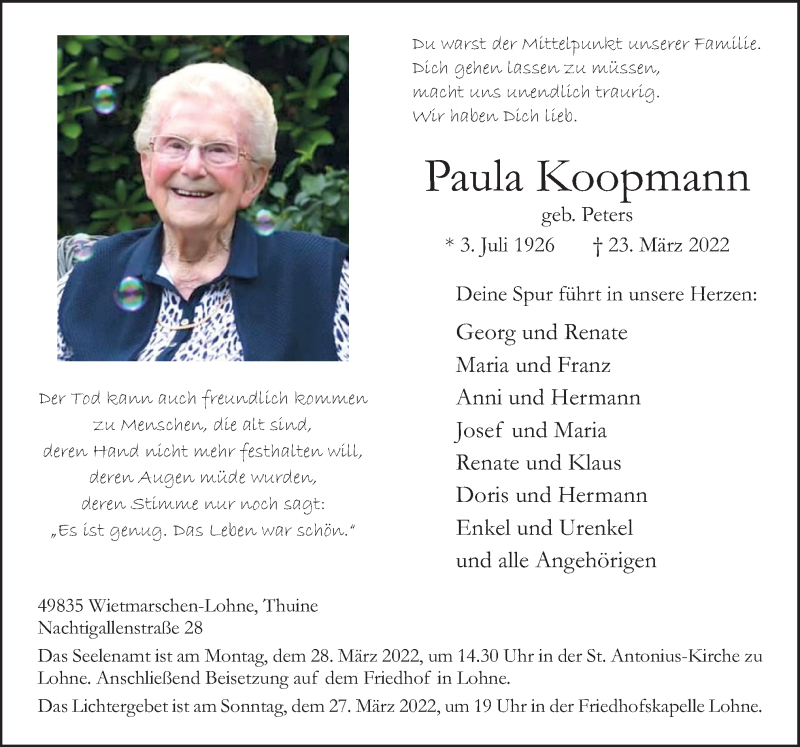  Traueranzeige für Paula Koopmann vom 25.03.2022 aus Neue Osnabrücker Zeitung GmbH & Co. KG