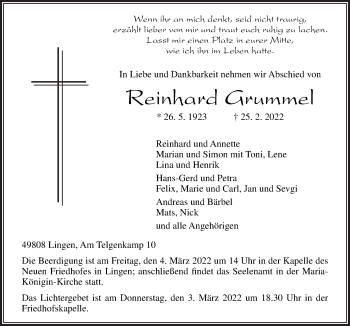 Traueranzeige von Reinhard Grummel von Neue Osnabrücker Zeitung GmbH & Co. KG