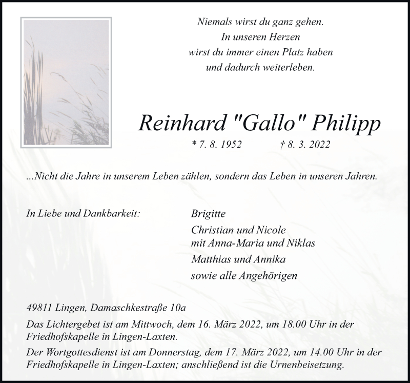  Traueranzeige für Reinhard Philipp vom 12.03.2022 aus Neue Osnabrücker Zeitung GmbH & Co. KG