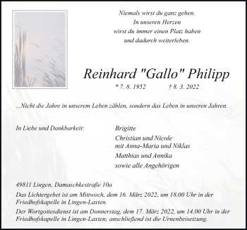 Traueranzeige von Reinhard Philipp von Neue Osnabrücker Zeitung GmbH & Co. KG