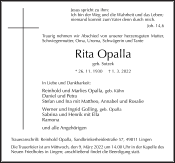 Traueranzeige von Rita Opalla von Neue Osnabrücker Zeitung GmbH & Co. KG