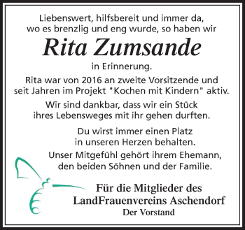 Traueranzeige von Rita Zumsande von Neue Osnabrücker Zeitung GmbH & Co. KG