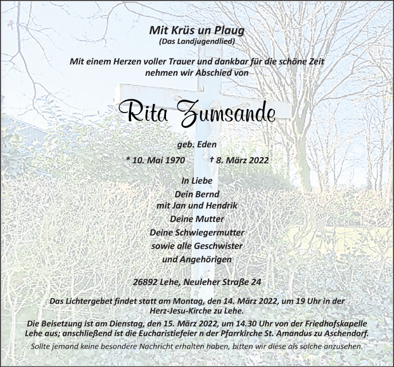  Traueranzeige für Rita Zumsande vom 11.03.2022 aus Neue Osnabrücker Zeitung GmbH & Co. KG