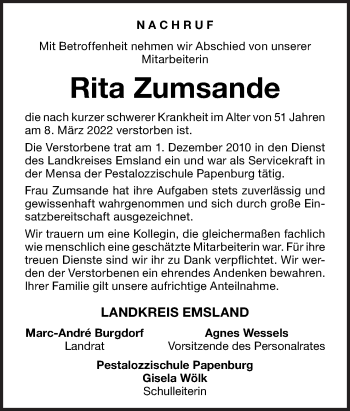 Traueranzeige von Rita Zumsande von Neue Osnabrücker Zeitung GmbH & Co. KG