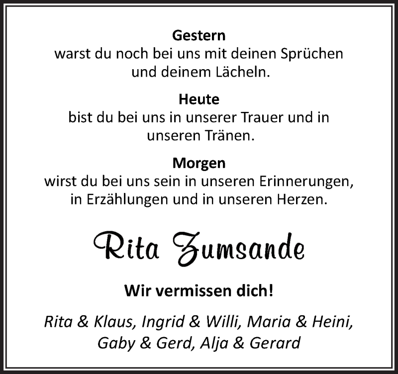  Traueranzeige für Rita Zumsande vom 15.03.2022 aus Neue Osnabrücker Zeitung GmbH & Co. KG