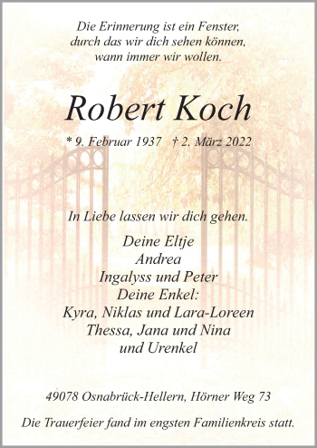 Traueranzeige von Robert Koch von Neue Osnabrücker Zeitung GmbH & Co. KG