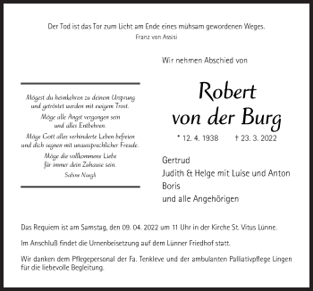 Traueranzeige von Robert von der Burg von Neue Osnabrücker Zeitung GmbH & Co. KG