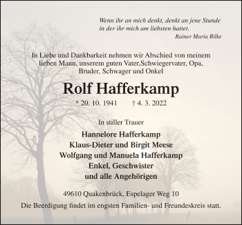 Traueranzeige von Rolf Hafferkamp von Neue Osnabrücker Zeitung GmbH & Co. KG