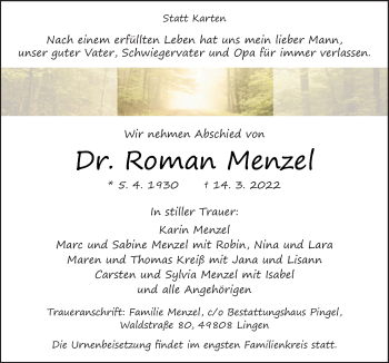 Traueranzeige von Roman Menzel von Neue Osnabrücker Zeitung GmbH & Co. KG