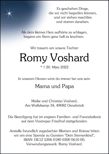 Traueranzeige von Romy Voshard von Neue Osnabrücker Zeitung GmbH & Co. KG